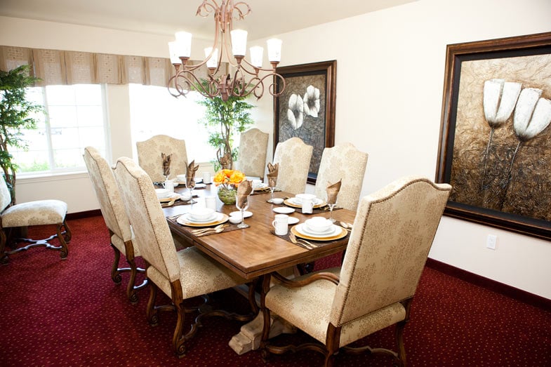 The dining room at Meadowlark Estates set for mealtime